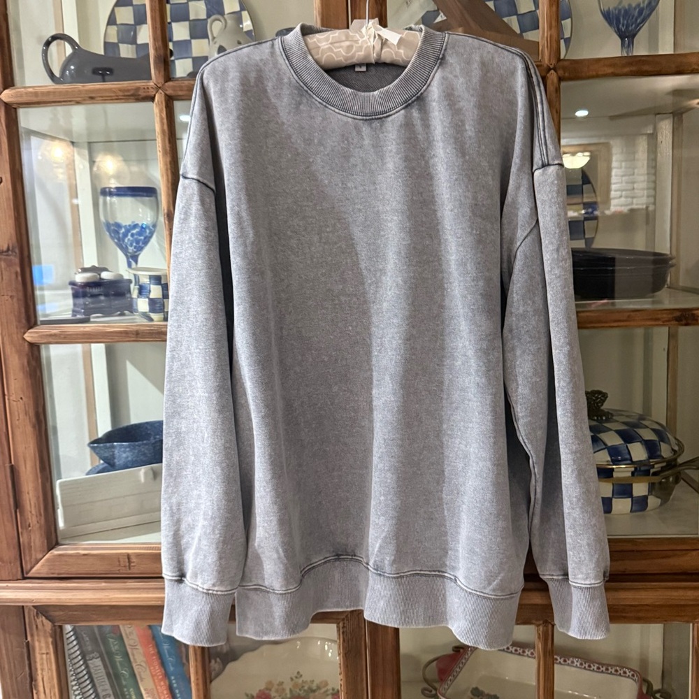 Oversized Acid Wash Crewneck Sweatshirt w Pockets Gray Small - Picture 4 of 10